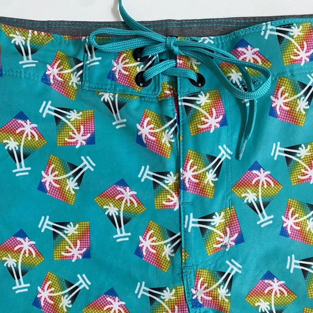 Hurley Mens Teal Palm Tree Rainbow Print Board Shorts‎ Swim Trunks Size 32